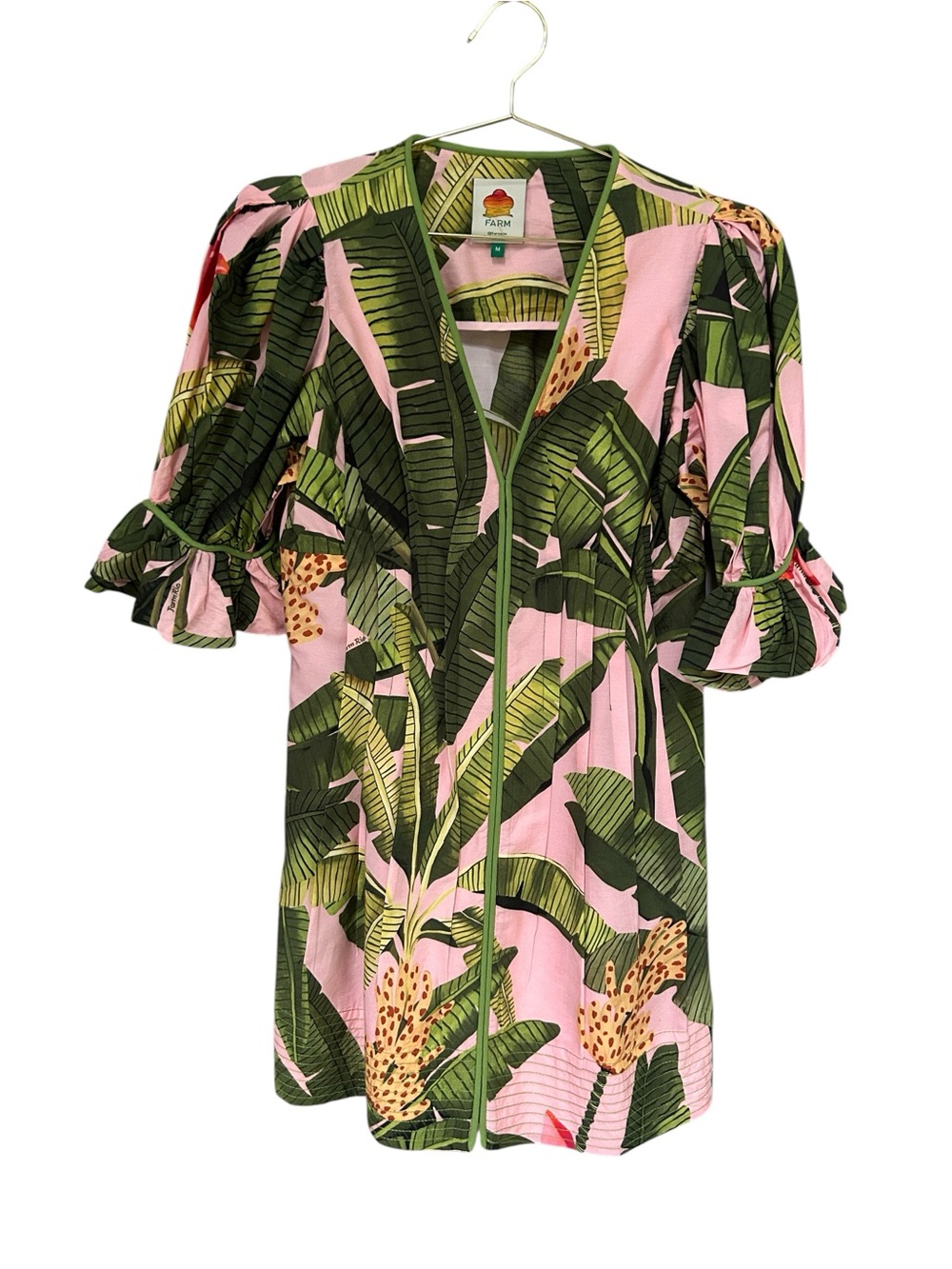 FARM Rio Pink Tropical Banana Leaf Mini Dress Puff Sleeve V-Neck Size Medium - Picture 3 of 10